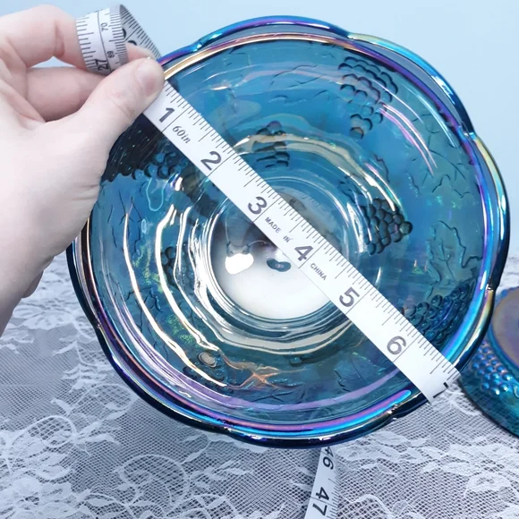 Indiana Blue Iridescent Carnival Glass Pedestal Compote Harvest Grape Purple Lid - Picture 8 of 16